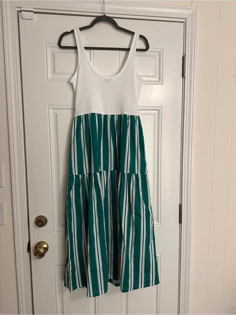 J. Crew White Tank Bodice with Teal and White Striped Tiered Skirt Midi Dress